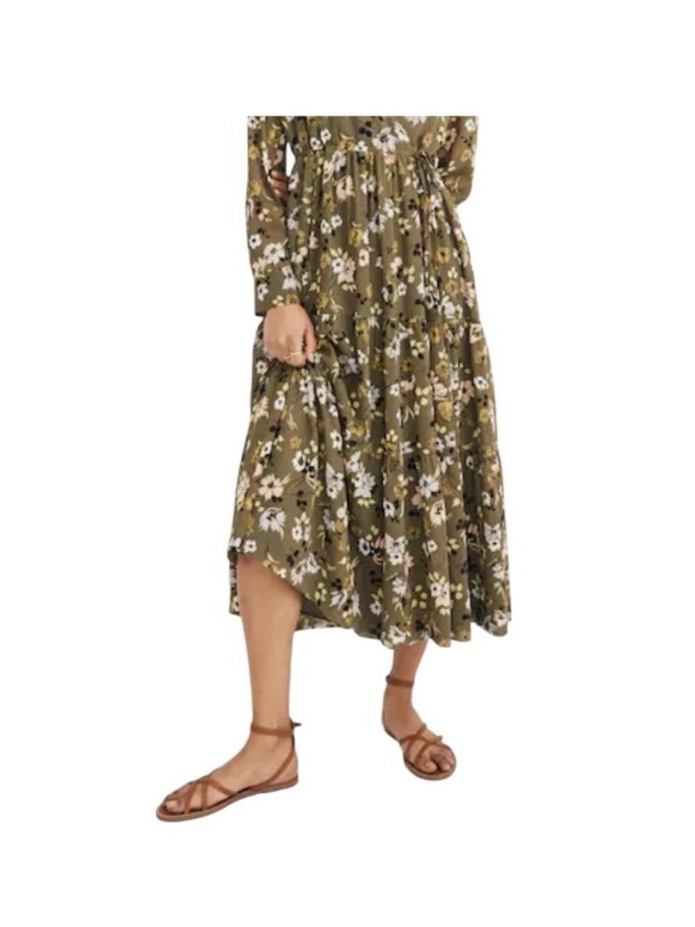 Madewell Cinch-Waist Tiered Midi Dress Wildblooms Olive Green Floral Cottage M - Picture 2 of 10